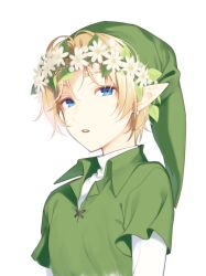 Rule 34 | 1boy, blonde hair, blue eyes, commentary request, earrings, flower, green hat, green shirt, hair flower, hair ornament, hat, jewelry, link, looking at viewer, male focus, meimone, nintendo, open mouth, pointy ears, shirt, short hair, simple background, solo, teeth, the legend of zelda, upper body, white background, white flower, white shirt