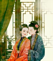 Rule 34 | 2girls, artist name, black eyes, black hair, chinese clothes, closed mouth, commentary request, curtains, earrings, eyelashes, closed eyes, fingernails, flower, hair bun, hair flower, hair ornament, hairpin, hand on another&#039;s arm, hanfu, high collar, indoors, instagram username, jewelry, leaf, light smile, lips, lipstick, looking at another, looking back, makeup, mixed-language commentary, multiple girls, original, parted lips, pearl earrings, pink flower, pink rose, red lips, robe, rose, say hana, shouji, single hair bun, sliding doors, table, twitter username, v arms, vase, wide sleeves, yuri