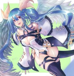 Rule 34 | 1girl, angel wings, asymmetrical wings, bare shoulders, belt, black legwear, black panties, border, breasts, choker, cleavage, clothing cutout, collarbone, dated, detached collar, dizzy (guilty gear), feathered wings, green background, guilty gear, guilty gear xrd, hair between eyes, hair ribbon, hair rings, large breasts, long hair, mariebell, monster girl, off shoulder, open mouth, panties, red eyes, ribbon, sidelocks, signature, skindentation, smile, solo, tail, tail ornament, tail ribbon, thick thighs, thigh strap, thighs, twintails, underwear, white border, wide sleeves, wings, yellow ribbon