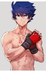 Rule 34 | 1boy, abs, bandaid, bandaid on face, bandaid on nose, black gloves, blood, blood on chest, blood on face, blue eyes, blue hair, closed mouth, fingerless gloves, gloves, grey background, highres, idolmaster, idolmaster side-m, looking at viewer, male focus, muscular, muscular male, navel, pectorals, ponzu (beetle burner), short hair, simple background, solo, taiga takeru, upper body