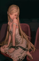 Rule 34 | 1girl, barefoot, black ribbon, blonde hair, breasts, chair, cleavage, cropped legs, dress, glowing, glowing eyes, highres, long hair, looking to the side, monogatari (series), off shoulder, oshino shinobu, pointy ears, red eyes, ribbon, sitting, small breasts, solipsist, theater, very long hair, white dress