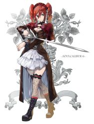 Rule 34 | 1girl, amy sorel, ashiomi masato, breasts, choker, closed mouth, dress, drill hair, fishnet thighhighs, fishnets, flower, gothic lolita, lolita fashion, red hair, rose, short twintails, solo, soul calibur, soulcalibur, soulcalibur vi, sword, thighhighs, twin drills, twintails, weapon
