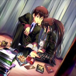 Rule 34 | 1boy, 1girl, book, brother and sister, brown hair, can, cat, chips (food), drink can, dutch angle, food, juice box, kotsu, lennon, little busters!, long hair, manga (object), natsume kyousuke, natsume rin, open book, pocky, potato chips, reading, red eyes, school uniform, short hair, siblings, soda can, tokido saya
