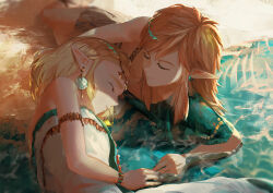 Rule 34 | 1boy, 1girl, archaic set (zelda), armlet, bare shoulders, beach, blonde hair, braid, circlet, closed eyes, closed mouth, commentary request, crown braid, dangle earrings, dress, earrings, finger touching, green tunic, hair down, highres, jewelry, link, lying, medium hair, nintendo, ocean, official alternate costume, on side, partially submerged, pointy ears, princess zelda, short hair, signature, single bare shoulder, strapless, strapless dress, the legend of zelda, the legend of zelda: tears of the kingdom, toga, tsujieiri, white dress