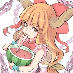 1girl bifidus_(exkagerou8665) bow brown_eyes chain drinking drinking_straw food fruit hair_bow highres horns ibuki_suika long_hair looking_at_viewer oni orange_hair sleeveless solo touhou watermelon