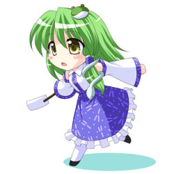 Rule 34 | 1girl, bad id, bad pixiv id, bococho, detached sleeves, female focus, frog, full body, green hair, japanese clothes, kochiya sanae, miko, simple background, solo, touhou, white background