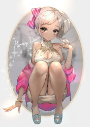 Rule 34 | 1girl, :3, ass, bare shoulders, blush, bow, bracelet, breasts, brown eyes, cleavage, cleavage cutout, clothing cutout, coat, dark-skinned female, dark skin, dress, full body, hair bow, halterneck, highres, hitowa, jewelry, looking at viewer, off-shoulder, off-shoulder sweater, off shoulder, original, outside border, sandals, side ponytail, silver hair, sleeveless, smile, solo, squatting, sweater, sweater dress