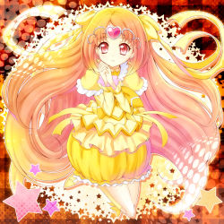 Rule 34 | 10s, 1girl, bad id, bad pixiv id, boots, bow, bubble skirt, circlet, cure muse, cure muse (yellow), dress, earrings, eyelashes, hair ribbon, heart, isumi (i-spixi), jewelry, long hair, magical girl, orange background, orange hair, orange theme, own hands clasped, own hands together, precure, red eyes, ribbon, shirabe ako, skirt, smile, solo, star (symbol), suite precure, yellow skirt, yellow theme