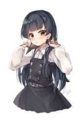 Rule 34 | 1girl, alternate hair length, alternate hairstyle, arare (kancolle), arare kai ni (kancolle), belt, belt buckle, black belt, black dress, black hair, blush, brown eyes, buckle, buttons, collared shirt, dated, dress, kantai collection, long hair, long sleeves, n:go, pinafore dress, shirt, signature, simple background, sleeveless, sleeveless dress, solo, white background