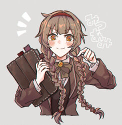 Rule 34 | 1girl, blush, book, bow, bowtie, braid, brown coat, brown hair, brown vest, closed mouth, coat, collared shirt, green bow, green bowtie, hairband, holding, holding book, library of ruina, long hair, malkuth (project moon), project moon, red hairband, shirt, sidelocks, smile, solo, twin braids, very long hair, vest, white shirt, yellow eyes, yono neie