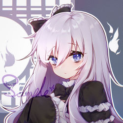 Rule 34 | 1girl, black bow, black dress, blue eyes, bow, closed mouth, dress, duel monster, eta, frilled bow, frilled dress, frills, ghost belle &amp; haunted mansion, grey hair, hair between eyes, hair bow, long hair, long sleeves, looking at viewer, sample watermark, sleeves past wrists, solo, upper body, watermark, wide sleeves, yu-gi-oh!