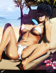 Rule 34 | 1girl, adjusting eyewear, aged up, ahoge, artist name, bangle, bare arms, bare legs, bare shoulders, barefoot, beach, bikini, blue bow, blue eyes, blue hair, blue nails, bottle, bow, bracelet, breasts, breasts apart, cameltoe, chair, cirno, cleft of venus, covered erect nipples, day, deck chair, eru-sennin, flower, food, foreshortening, hair bow, hibiscus, highres, holding, holding food, horizon, jewelry, knee up, large breasts, looking at viewer, lotion bottle, lounge chair, lying, nail polish, navel, ocean, on back, open mouth, outdoors, palm tree, partially visible vulva, popsicle, ring, round teeth, shadow, short hair, signature, solo, spread legs, stomach, strap gap, summer, sunglasses, sunlight, sweat, swimsuit, tan, teeth, toes, tongue, tongue out, touhou, tree, tsurime, underboob, upper teeth only, white bikini