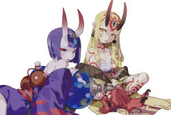 Rule 34 | 2girls, absurdres, bare shoulders, black nails, blonde hair, bob cut, colored extremities, crossed legs, earrings, fate/grand order, fate (series), highres, horns, ibaraki douji (fate), japanese clothes, jewelry, kimono, long hair, lucaxu1991, multiple girls, purple hair, red feet, red hands, red tattoo, sharp toenails, shuten douji (fate), simple background, skin-covered horns, slit pupils, tattoo, toenails, white background, yellow eyes