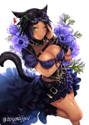 Rule 34 | 1girl, animal ears, aruma jiki, warrior of light (ff14), belt, black hair, blush, breasts, cat ears, cat tail, cleavage, commentary request, dark-skinned female, dark skin, dutch angle, eyewear on head, facial mark, final fantasy, final fantasy xiv, frilled skirt, frills, green eyes, hand in own hair, looking at viewer, medium breasts, miqo&#039;te, one eye closed, short hair, short sleeves, skirt, slit pupils, smile, solo, tail, twitter username, whisker markings, white background, wrist guards