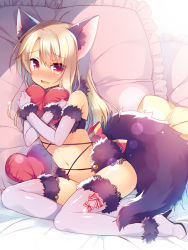 Rule 34 | 1girl, animal ears, blonde hair, blush, boots, cosplay, covering privates, elbow gloves, embarrassed, eyes visible through hair, fate/grand order, fate/kaleid liner prisma illya, fate (series), frilled pillow, frills, fur trim, gloves, halloween, halloween costume, heart, heart-shaped pillow, high heel boots, high heels, illyasviel von einzbern, long hair, looking at viewer, mash kyrielight, mash kyrielight (dangerous beast), mash kyrielight (dangerous beast) (cosplay), navel, no panties, hugging object, official alternate costume, open mouth, pillow, pillow hug, purple gloves, purple thighhighs, red eyes, revealing clothes, sazaki ichiri, sitting, solo, tail, thigh boots, thighhighs, wavy mouth, wolf ears, wolf tail, yokozuwari