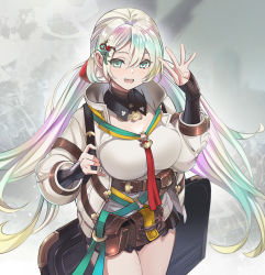 Rule 34 | 1girl, belt, belt pouch, black collar, black gloves, black skirt, blonde hair, blush, breasts, brown belt, case, collar, commentary, cowboy shot, cupitan (granblue fantasy), detached collar, fingerless gloves, gloves, gradient hair, granblue fantasy, green eyes, green hair, grey hair, hair between eyes, hand up, high collar, highres, large breasts, long hair, long sleeves, looking at viewer, multicolored hair, nyoro (nyoronyoro000), open mouth, pink hair, pouch, puffy long sleeves, puffy sleeves, rainbow hair, shirt, skirt, smile, solo, teeth, twintails, upper teeth only, white shirt