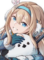 1girl animal bird blonde_hair blue_eyes blue_gloves blue_jacket citrus7763 earmuffs fur-trimmed_jacket fur_trim girls&#039;_frontline girls&#039;_frontline_2:_exilium gloves hair_ornament hashtag-only_commentary highres holding holding_animal holding_bird jacket long_hair looking_at_viewer parted_lips partially_fingerless_gloves simple_background smile snowflake_hair_ornament suomi_(girls&#039;_frontline) suomi_(girls&#039;_frontline_2) walkie-talkie white_background