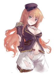 Rule 34 | 1girl, absurdres, arms behind back, breasts, cropped legs, epaulettes, frown, girls&#039; frontline, green eyes, hat, hei chuan gui, highres, large breasts, long sleeves, military, military hat, military uniform, navel, orange hair, pants, shaded face, sig-510 (girls&#039; frontline), simple background, sketch, solo, thigh strap, torn clothes, uniform, white background, white pants
