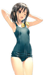 Rule 34 | 1girl, ;d, bare arms, bare shoulders, black hair, blue one-piece swimsuit, brown eyes, commentary request, cowboy shot, gluteal fold, hair between eyes, koutaro, object in clothes, object in swimsuit, old school swimsuit, one-piece swimsuit, one eye closed, open mouth, original, school swimsuit, showering, simple background, smile, solo, swim cap, unworn swim cap, swimsuit, white background