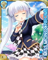 Rule 34 | 1girl, :o, blue eyes, blue jacket, blunt bangs, card, character name, checker pattern, cherry blossoms, closed eyes, day, girlfriend (kari), hand by own face, jacket, miss monochrome, miss monochrome (character), music, necktie, official art, open mouth, outdoors, qp:flapper, school uniform, shirt, singing, skirt, solo, tagme, thighhighs, twintails, white footwear, white hair, white shirt