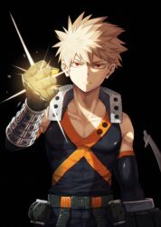 Rule 34 | 1boy, akiyama (noconoco), arm at side, bakugou katsuki, bare shoulders, belt, black background, black shirt, black sleeves, blonde hair, boku no hero academia, clenched hand, closed mouth, collarbone, commentary request, detached sleeves, energy, explosive, gauntlets, gloves, green belt, green gloves, grenade, hair between eyes, hand up, highres, looking at viewer, male focus, red eyes, serious, shirt, short hair, simple background, sleeveless, sleeveless shirt, solo, spiked hair, two-tone gloves, v-shaped eyebrows, v arms