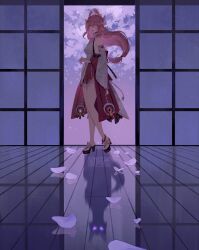 Rule 34 | 1girl, animal ears, bare legs, cherry blossom print, detached sleeves, different shadow, earrings, floppy ears, floral print, full body, genshin impact, glowing, glowing eyes, hair ornament, highres, jewelry, long hair, looking at viewer, nontraditional miko, petals, pink hair, reflective floor, shouji, signature, sliding doors, solo, vonnabeee, wide sleeves, wooden floor, yae miko