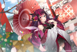 Rule 34 | 1girl, asymmetrical legwear, bare shoulders, blue eyes, blush, breasts, commentary, company name, copyright notice, demon girl, demon horns, detached wings, flower, hair flower, hair ornament, highres, holding, holding umbrella, hololive, hololive english, horns, irys (hololive), izumi kei, japanese clothes, kimono, lantern, long hair, looking at viewer, mismatched legwear, multiple horns, oil-paper umbrella, pinwheel, purple eyes, purple hair, solo, umbrella, very long hair, virtual youtuber, wings