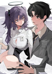 Rule 34 | 1boy, 1girl, arm between legs, bags under eyes, bare legs, black hair, black jacket, black skirt, blue archive, blush, breasts, button gap, cleavage, commentary, fang, floating, floating object, halo, hetero, highres, id card, jacket, jewelry, large breasts, long hair, long sleeves, looking at another, movik, paper stack, purple hair, redrawn, ring, sensei (blue archive), sensei (blue archive the animation), sitting, sitting on person, skin fang, skirt, smile, sweatdrop, two side up, very long hair, wedding ring, yuuka (blue archive)