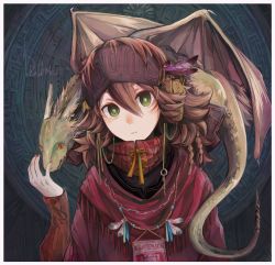 Rule 34 | 1girl, bad id, bad pixiv id, braid, brown hair, carrying, commentary, creature, creature on shoulder, dragon, feathers, fingernails, fringe trim, green eyes, hair ornament, hand up, headband, highres, horns, jewelry, kamura gimi, long sleeves, looking at viewer, medium hair, necklace, on shoulder, original, red shirt, ringed eyes, shirt, shoulder carry, tail, upper body, wings