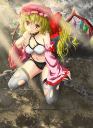 Rule 34 | 1girl, aged up, alternate costume, bad id, bad pixiv id, black panties, bra, chain, detached sleeves, embodiment of scarlet devil, fang, female focus, flandre scarlet, hat, highres, lingerie, panties, solo, thighhighs, torn clothes, torn thighhighs, touhou, underwear, underwear only, wenhe, wings