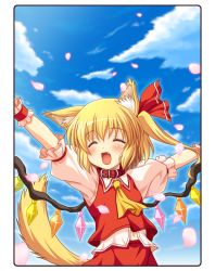 Rule 34 | 1girl, animal ears, arms up, blonde hair, blouse, blush, closed eyes, collar, crystal, day, dog ears, dog tail, fang, female focus, flandre scarlet, gradient background, kemonomimi mode, navel, outdoors, shirt, short hair, side ponytail, skirt, sky, solo, tail, touhou, white shirt, wings, yamasan