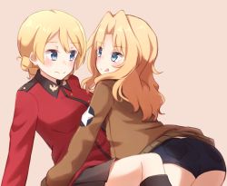 Rule 34 | 10s, 2girls, bad id, bad pixiv id, bike shorts, blonde hair, blue eyes, brown jacket, commentary request, darjeeling (girls und panzer), eyebrows, girls und panzer, highres, jacket, kapatarou, kay (girls und panzer), long hair, long sleeves, looking at another, military, military uniform, multiple girls, simple background, tongue, tongue out, uniform, yuri