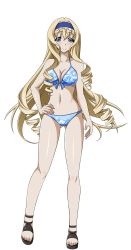 Rule 34 | 10s, 1girl, bikini, blonde hair, blue bikini, blue bow, blue eyes, blue hairband, bow, breasts, cecilia alcott, cleavage, collarbone, drill hair, eyebrows, floral print, front-tie top, full body, hairband, hand on own hip, highres, infinite stratos, long hair, looking at viewer, medium breasts, navel, shiny skin, smile, solo, swimsuit, transparent background