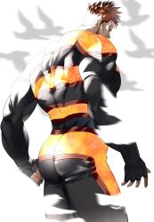 Rule 34 | 1boy, ass, ass focus, bara, beard, beard stubble, black bodysuit, bodysuit, boku no hero academia, endeavor (boku no hero academia), facial hair, facing away, feet out of frame, from below, fujimono, highres, large pectorals, male focus, mature male, muscular, muscular male, orange bodysuit, pectorals, scar, scar across eye, short hair, skin tight, solo, spiked hair, steam, stubble, thick eyebrows, two-tone bodysuit, v-taper