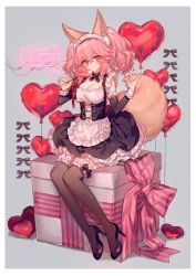 Rule 34 | 1girl, alternate costume, animal ears, balloon, black sleeves, blush, bow, box, breasts, candy, chocoan, cleavage, detached sleeves, english text, enmaided, fate/extella, fate/extra, fate (series), food, fox ears, fox shadow puppet, fox tail, frilled sleeves, frilled thighhighs, frills, gift, gift box, heart, heart-shaped lollipop, heart balloon, high heels, large breasts, lollipop, maid, maid headdress, official alternate costume, on box, orange eyes, oversized object, pink hair, ribbon, shaped lollipop, sitting, sitting on box, solo, striped bow, striped ribbon, tail, tamamo (fate), tamamo no mae (fate/extra), tamamo no mae (tailmaid strike) (fate), thighhighs, twintails