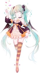 Rule 34 | 1girl, ankle wings, artist name, blush, candy, choker, demon wings, detached sleeves, dress, earrings, eyelashes, food, frilled dress, frills, full body, green hair, hair ornament, halloween, hatsune miku, highres, jewelry, long hair, multicolored hair, open mouth, pale skin, skull, solo, sparkle, standing, streaked hair, striped clothes, striped thighhighs, sweets, thighhighs, toya (sjadh), transparent background, twintails, very long hair, vocaloid, white background, wings, yellow eyes