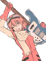 Rule 34 | 1girl, absurdres, flcl, gloves, goggles, goggles on head, guitar, hair between eyes, haruhara haruko, highres, instrument, nebula flabby, one eye closed, open mouth, pink hair, red gloves, short hair, simple background, solo, teeth, white background