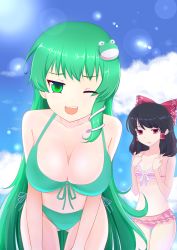 Rule 34 | 2girls, ;d, bad id, bad pixiv id, bent over, bikini, black hair, breast envy, breasts squeezed together, breasts, frog hair ornament, front-tie top, green eyes, green hair, hair ornament, hair tubes, hakurei reimu, hifumiyo, highres, kochiya sanae, large breasts, looking at viewer, multiple girls, naughty face, one eye closed, open mouth, red eyes, side-tie bikini bottom, side-tie bottom, small breasts, smile, snake hair ornament, swimsuit, thigh gap, touhou, tsurime