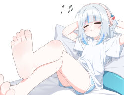 Rule 34 | 1girl, absurdres, arms behind head, barefoot, blue hair, blush, closed eyes, crossed legs, feet, fins, fish tail, foot focus, gawr gura, headphones, highres, hololive, hololive english, long hair, multicolored hair, musical note, relaxing, shark girl, simple background, soles, solo, tail, toes, two-tone hair, ugaaaa1, virtual youtuber, white hair