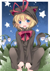 Rule 34 | 1girl, animal costume, bad id, bad pixiv id, blonde hair, bow (weapon), cat costume, costume, female focus, flower, hair ribbon, hammer (sunset beach), lily of the valley, looking at viewer, medicine melancholy, open mouth, ribbon, short hair, solo, star (symbol), touhou, weapon