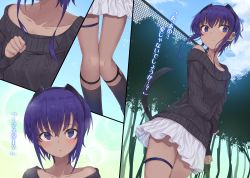 Rule 34 | 1girl, black hairband, blush, close-up, dark-skinned female, dark skin, day, fate/prototype, fate/prototype: fragments of blue and silver, fate (series), fence, hairband, hassan of serenity (fate), highres, looking at viewer, monobe tsukuri, multiple views, outdoors, purple eyes, short hair, skirt, sweat, sweater, thigh strap
