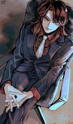 Rule 34 | 1boy, artist name, black jacket, black pants, blazer, chair, closed mouth, collared shirt, commentary request, crossed legs, feet out of frame, formal, grey necktie, highres, ichijou seiya, jacket, kaiji, long hair, long sleeves, looking at viewer, male focus, medium bangs, necktie, office chair, pants, red eyes, red hair, red shirt, shirt, smile, solo, suit, swivel chair, unknown03162