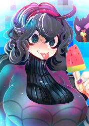 Rule 34 | 1girl, @ @, ahoge, black hair, blue background, breasts, closed mouth, creatures (company), dress, food, game freak, gen 1 pokemon, gengar, hairband, hakkasame, hex maniac (pokemon), highres, large breasts, long hair, long sleeves, messy hair, nail polish, nintendo, pokemon, pokemon (creature), pokemon xy, popsicle, purple dress, purple eyes, tongue, tongue out, turtleneck, upper body, wavy mouth