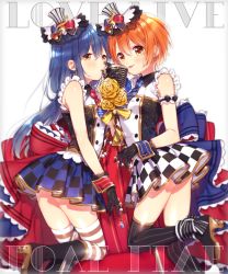Rule 34 | 10s, 2girls, :p, black gloves, black hair, black legwear, boots, breasts, brown eyes, brown hair, cafe maid (love live!), checkered clothes, checkered skirt, copyright name, flower, frills, gloves, hair ornament, hat, hoshizora rin, knee boots, kneeling, kuroki (ma-na-tu), long hair, looking at viewer, love live!, love live! school idol festival, love live! school idol project, microphone stand, multiple girls, musical note, necktie, pinstripe pattern, rose, short hair, skirt, sleeveless, small breasts, sonoda umi, striped clothes, striped legwear, striped thighhighs, thighhighs, tongue, tongue out, treble clef