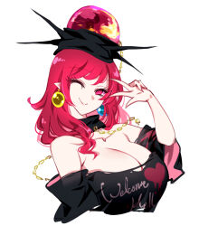 Rule 34 | 1girl, black shirt, breasts, choker, cleavage, earrings, hecatia lapislazuli, highres, jewelry, large breasts, off-shoulder shirt, off shoulder, one eye closed, pointy ears, raptor7, red eyes, red hair, shirt, simple background, smile, solo, t-shirt, touhou, white background