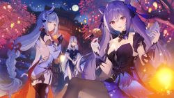 Rule 34 | 3girls, bare back, bare shoulders, black dress, blue eyes, bow, braid, breasts, building, choker, cleavage, closed mouth, dress, food, from side, garter straps, genshin impact, hair bow, hair ornament, keqing (genshin impact), lantern, long hair, looking at viewer, moon, multiple girls, necomi, night, ningguang (genshin impact), open mouth, pantyhose, purple hair, red eyes, shenhe (genshin impact), silver hair, sitting, sky, standing, thighhighs, thighs, tree, twintails