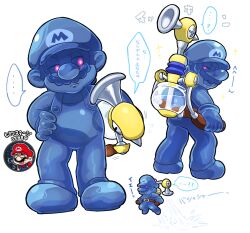 Rule 34 | 1boy, belt, blue hair, blue overalls, blue skirt, clone, closed eyes, commentary, evil grin, evil smile, f.l.u.d.d., facial hair, frown, full body, glowing, glowing eyes, grin, hat, hoshi (star-name2000), male focus, mario, mario (series), mustache, nintendo, overalls, red eyes, red shirt, shadow mario, shirt, short hair, skirt, slation request, smile, speech bubble, super mario sunshine