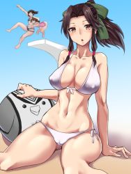 Rule 34 | 10s, 3girls, ass, bikini, blue bikini, breasts, brown eyes, brown hair, cameltoe, cleavage, collarbone, covered erect nipples, dashigarayama, hand rest, hug, jintsuu (kancolle), kantai collection, large breasts, long hair, looking at viewer, multiple girls, naka (kancolle), navel, one eye closed, open mouth, pink one-piece swimsuit, ponytail, remodel (kantai collection), sendai (kancolle), sidelocks, sitting, smile, solo focus, swimsuit, twintails, white bikini
