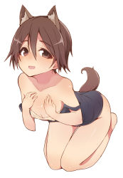Rule 34 | 1girl, animal ear fluff, animal ears, breasts, brown eyes, brown hair, cleavage, clothes pull, dog ears, dog girl, dog tail, full body, looking at viewer, maze (gochama ze gohan), miyafuji yoshika, one-piece swimsuit pull, open mouth, school swimsuit, short hair, simple background, sitting, small breasts, solo, strike witches, swimsuit, tail, textless version, white background, world witches series