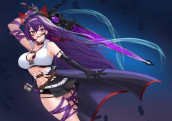 1girl absurdres arm_tattoo back_tattoo bad_tag belt black_skirt breasts chest_tattoo facial_tattoo fiery_horns gloves hair_between_eyes heterochromia highres holding holding_sword holding_weapon horns jacket large_breasts leather leg_tattoo long_hair mai_noboshi purple_eyes purple_hair red_eyes single_glove skirt sword tattoo virtual_youtuber weapon white_belt